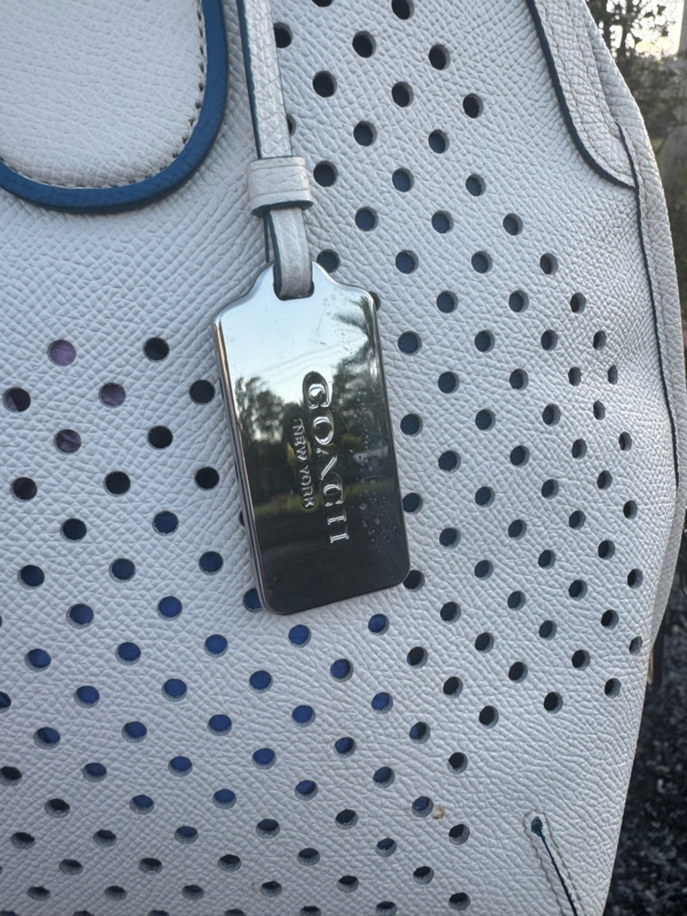 Coach Sample Perforated Leather Dome Satchel White Blue Trim Crossbody Bag - Picture 6 of 17